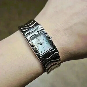 Studio Time Zebra Stripe Silver Tone & Black Enamel Bangle Cuff Bracelet Watch